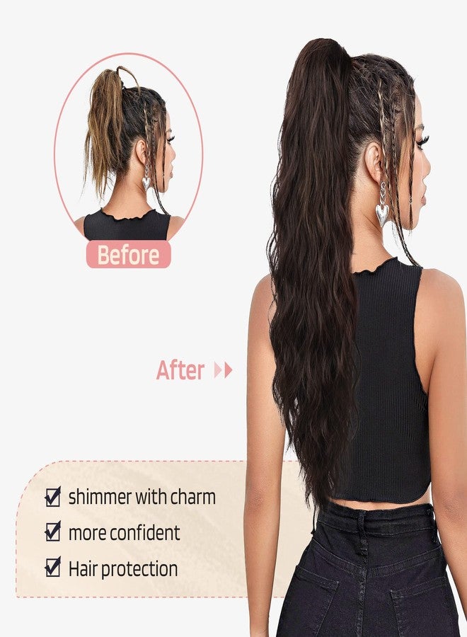Flufymooz وصلة شعر ذيل حصان من فلوفي موز، 26 بوصة، وصلات شعر ذيل حصان برباط للنساء، ذيل حصان طويل مجعد ومموج، قطعة شعر صناعية مموجة طبيعية للنساء، للاستخدام اليومي والحفلات (بني شوكولاتة داكن) - Image 4